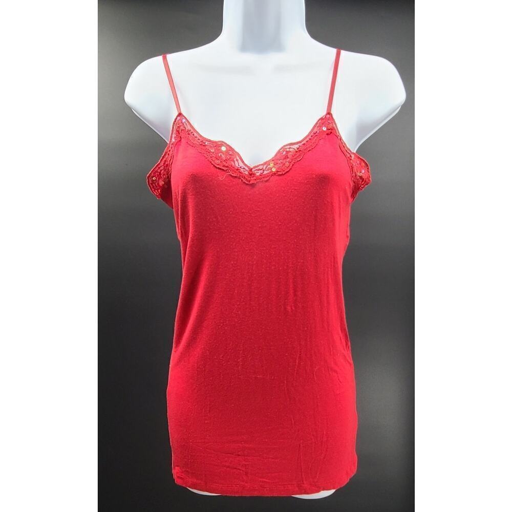 Max Rave Y2K long length women's lace/beaded/sequins trim tank red Size Large‎